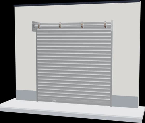 Rideau métallique à lames pleines fermé devant une façade, rendu 3D